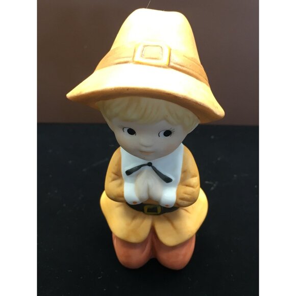 Vtg Lefton China Pilgrims Girl & Boy Praying Figurines Thanksgiving Painted 1984 - Picture 5 of 15